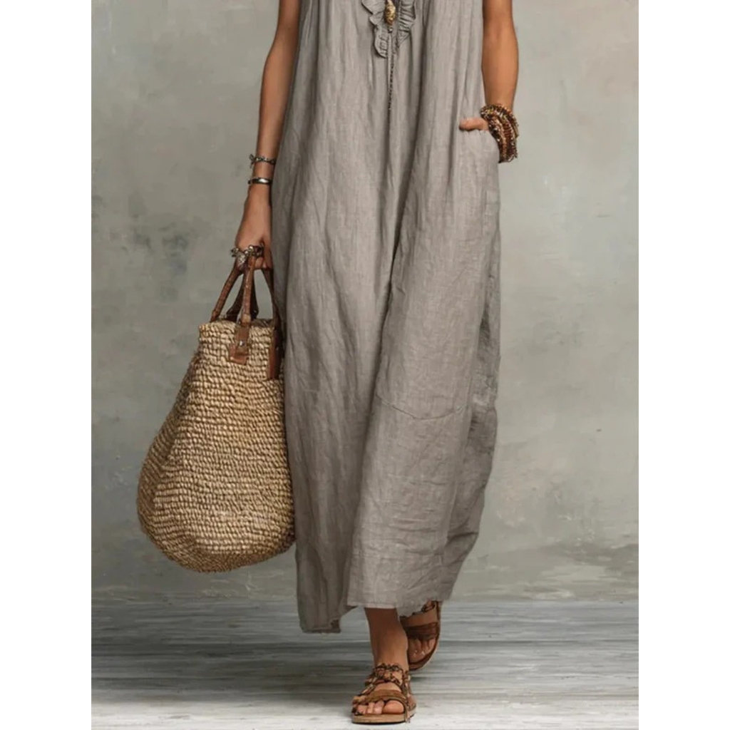 Caroline | Damen Rüschen Maxikleid Mit V-Ausschnitt