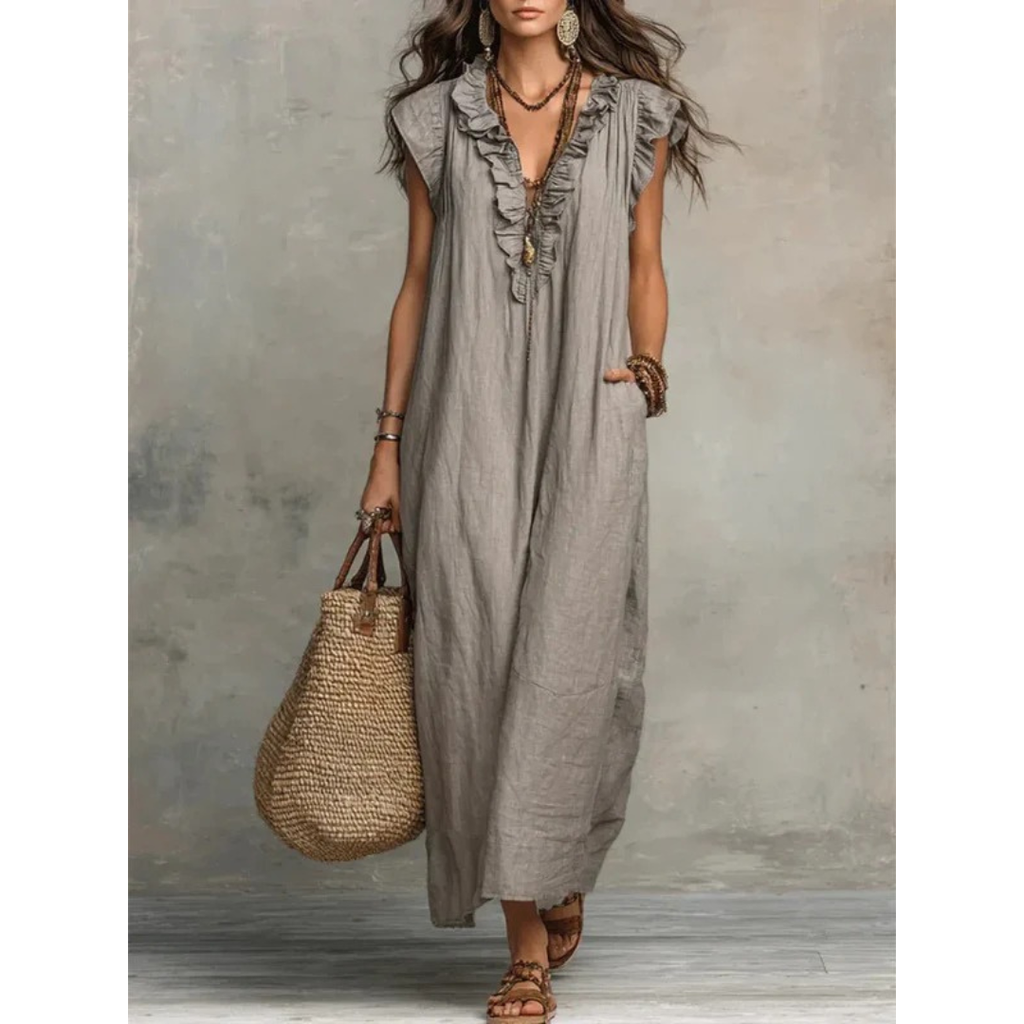 Caroline | Damen Rüschen Maxikleid Mit V-Ausschnitt