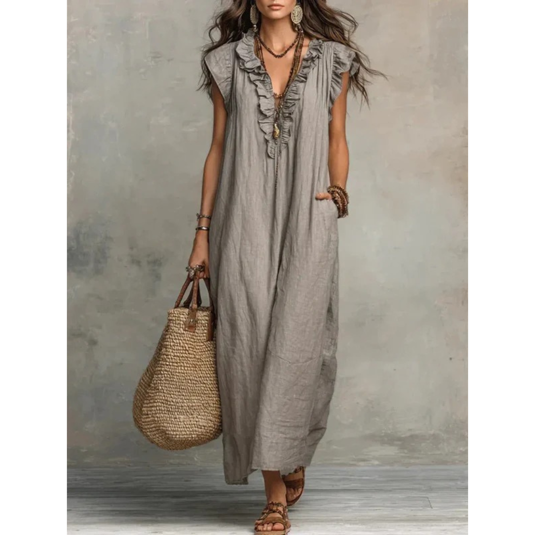 Caroline | Damen Rüschen Maxikleid Mit V-Ausschnitt
