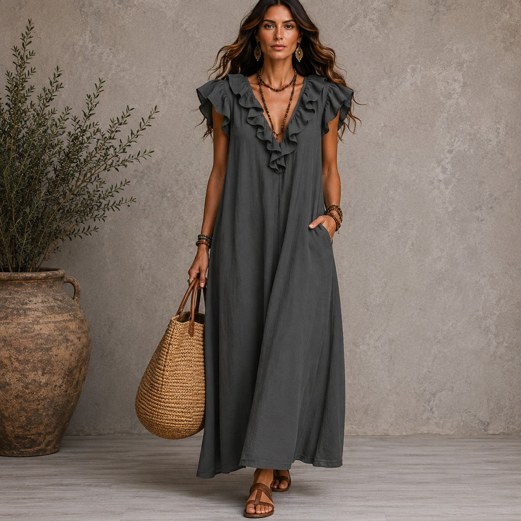 Caroline | Damen Rüschen Maxikleid Mit V-Ausschnitt