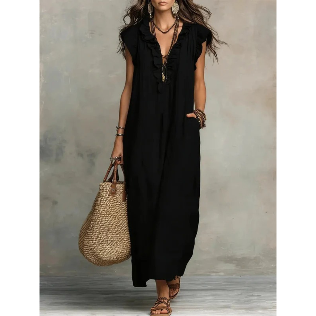 Caroline | Damen Rüschen Maxikleid Mit V-Ausschnitt
