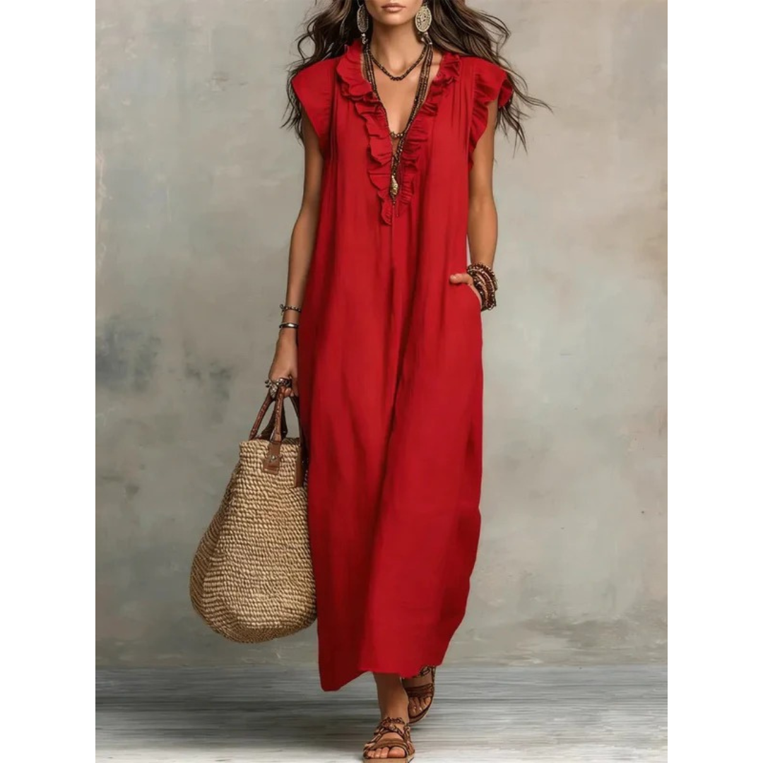 Caroline | Damen Rüschen Maxikleid Mit V-Ausschnitt