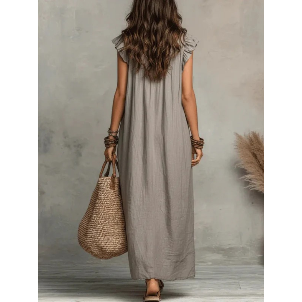 Caroline | Damen Rüschen Maxikleid Mit V-Ausschnitt