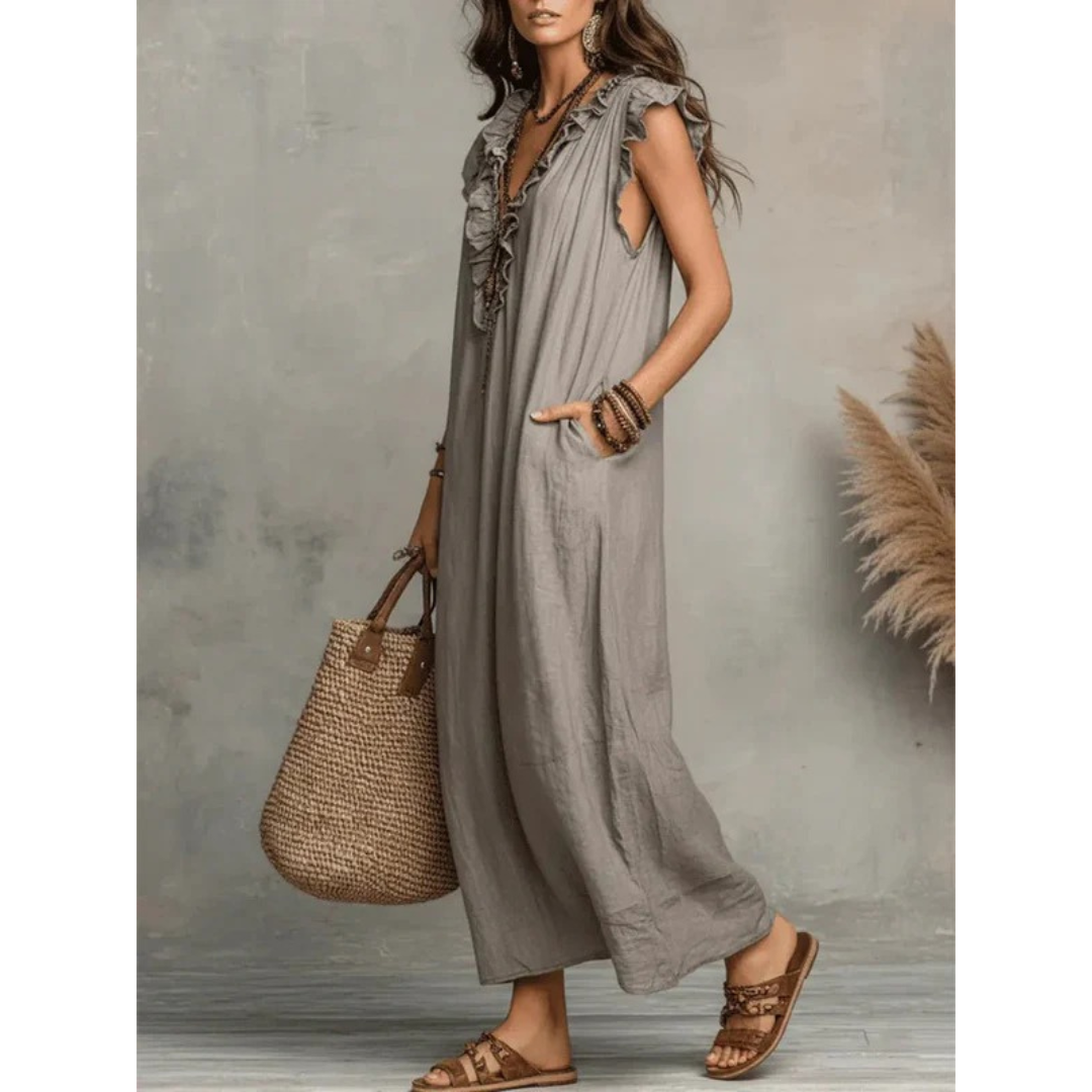 Caroline | Damen Rüschen Maxikleid Mit V-Ausschnitt
