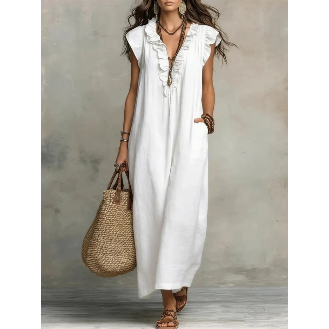 Caroline | Damen Rüschen Maxikleid Mit V-Ausschnitt