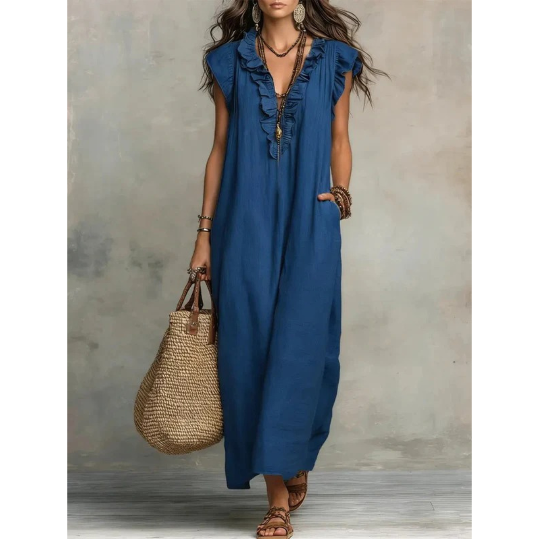 Caroline | Damen Rüschen Maxikleid Mit V-Ausschnitt