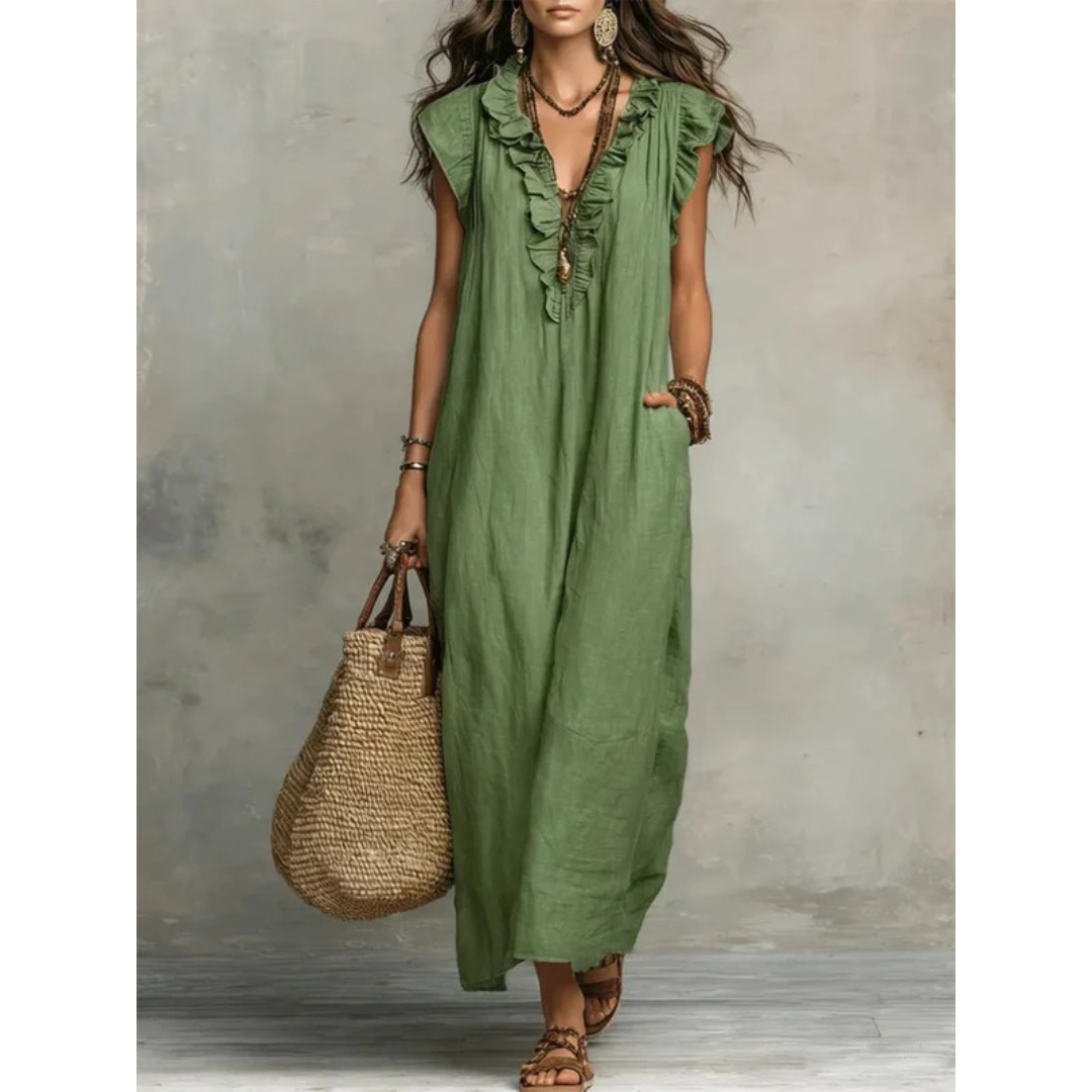 Caroline | Damen Rüschen Maxikleid Mit V-Ausschnitt