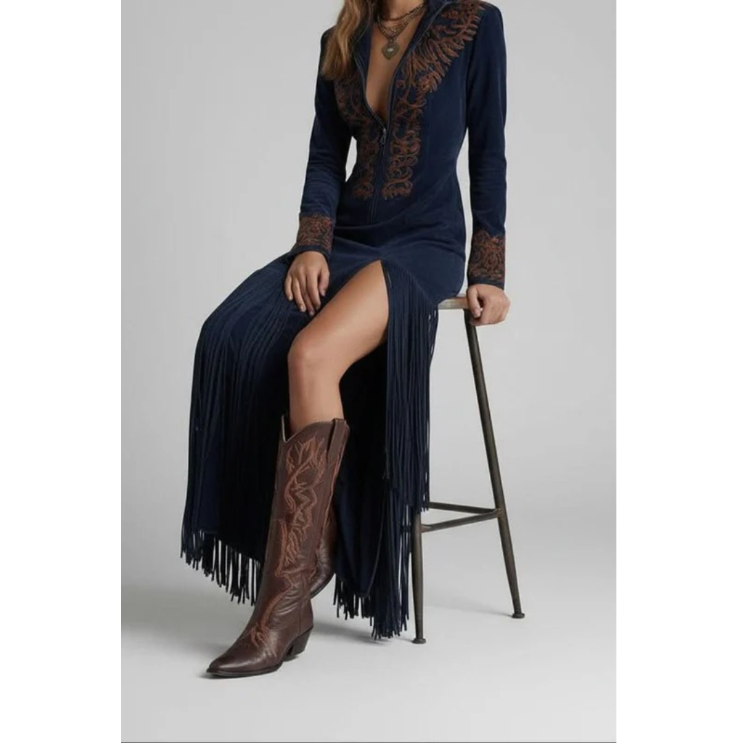 Caroline | Damen Stilvolles Maxikleid Mit Fransen