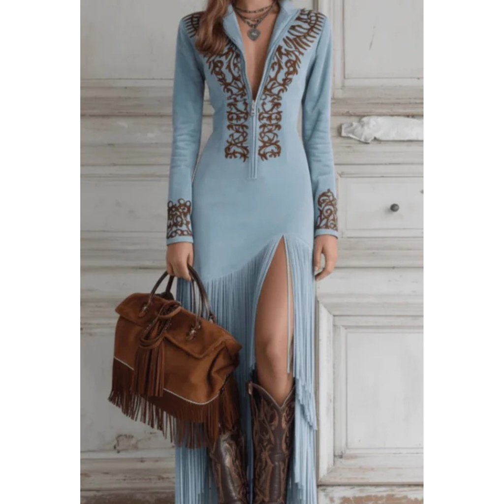 Caroline | Damen Stilvolles Maxikleid Mit Fransen