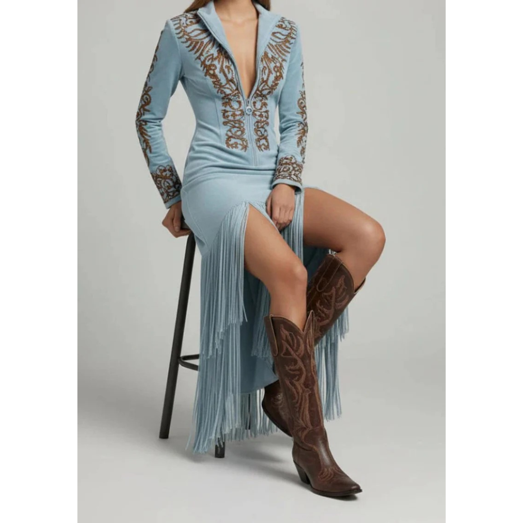 Caroline | Damen Stilvolles Maxikleid Mit Fransen