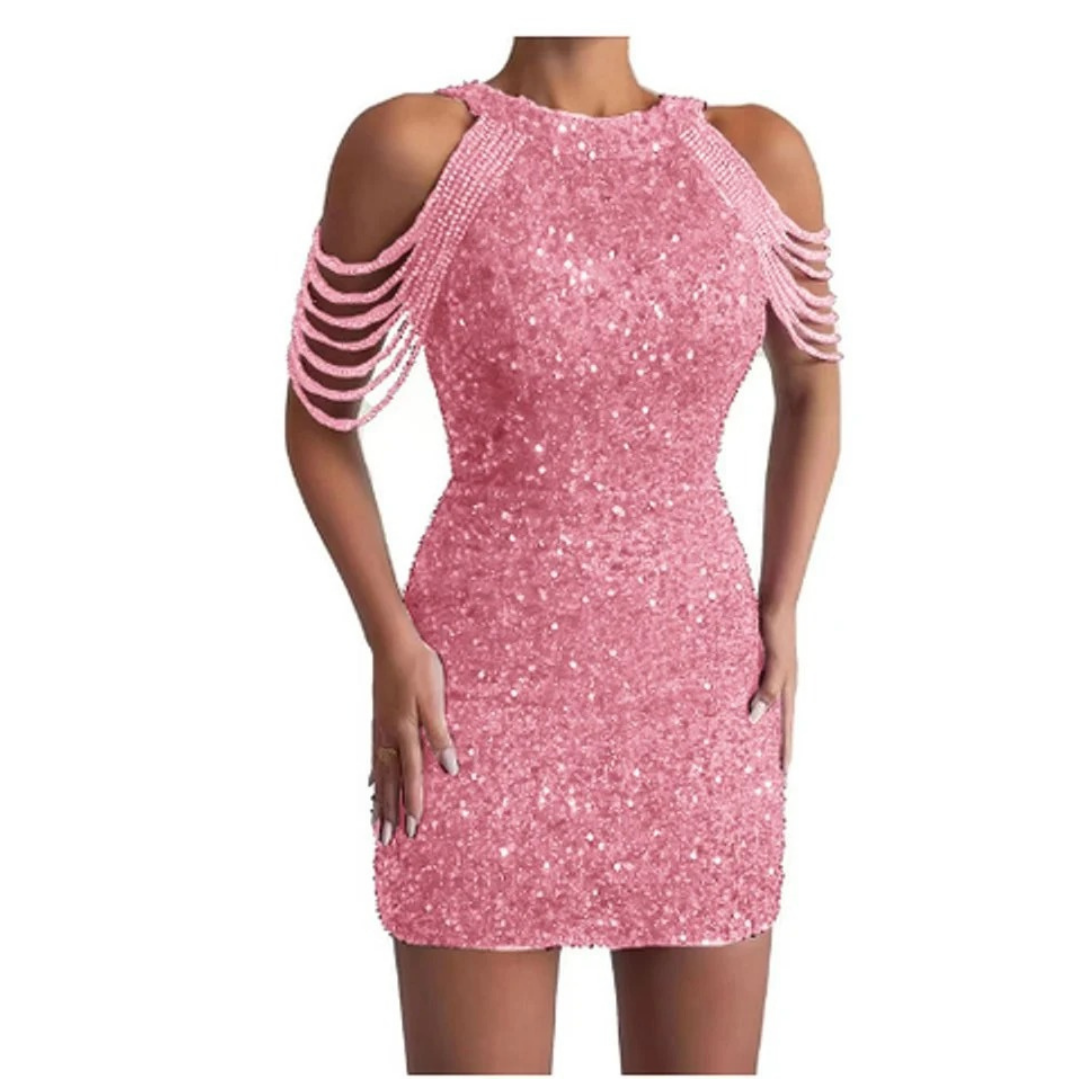 Cecilia | Damen Pailletten Abendkleid Mit Schulter Detail, Party Design Und Glitzer Effekt
