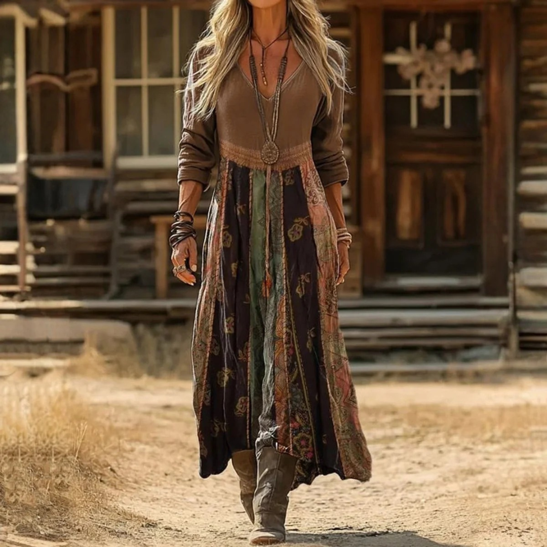 Celia | Damen Langarm Maxikleid mit Boho Muster und V Ausschnitt