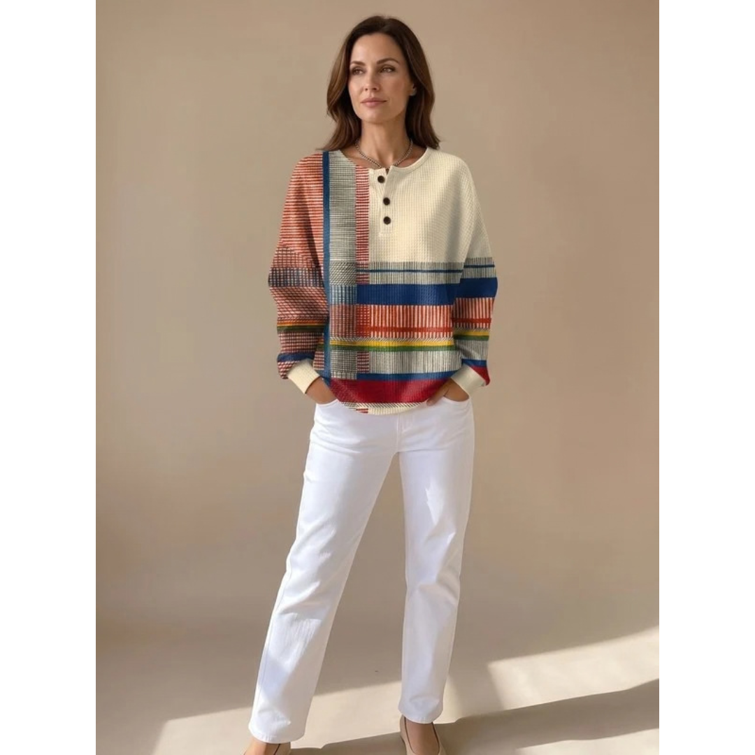 Clea | Damen Waffel Pullover mit Colorblock Muster und Knöpfen