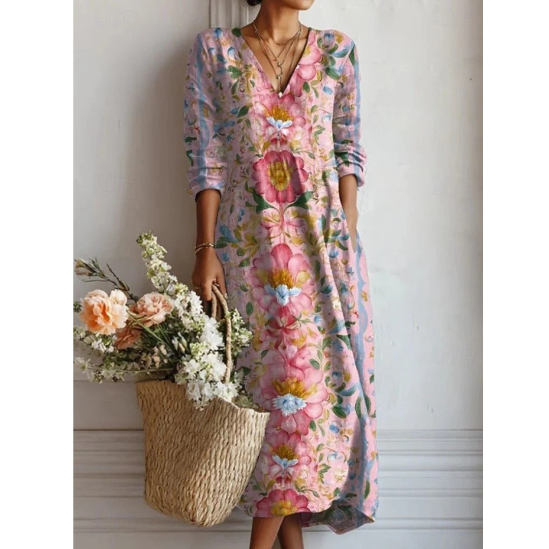 Cora | Damen Stilvolles Mehrfarbiges Blumen Midikleid