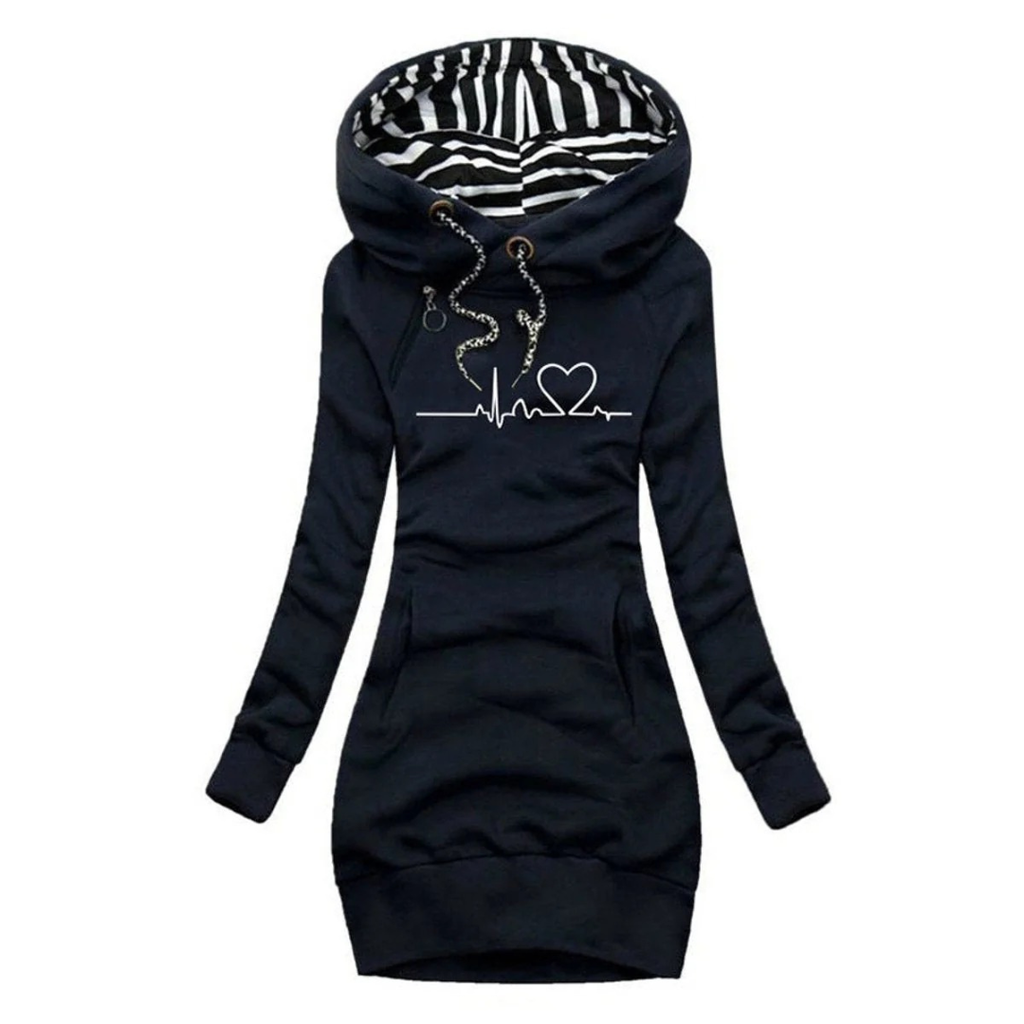 Cordula | Damen Hoodie Kleid mit Kapuze und Herz Print