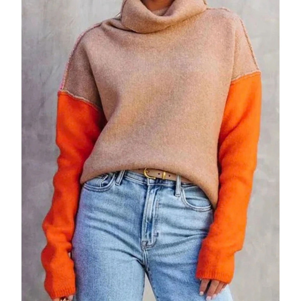 Cosima | Damen Orange Rollkragenpullover im Oversize Stil mit Strick