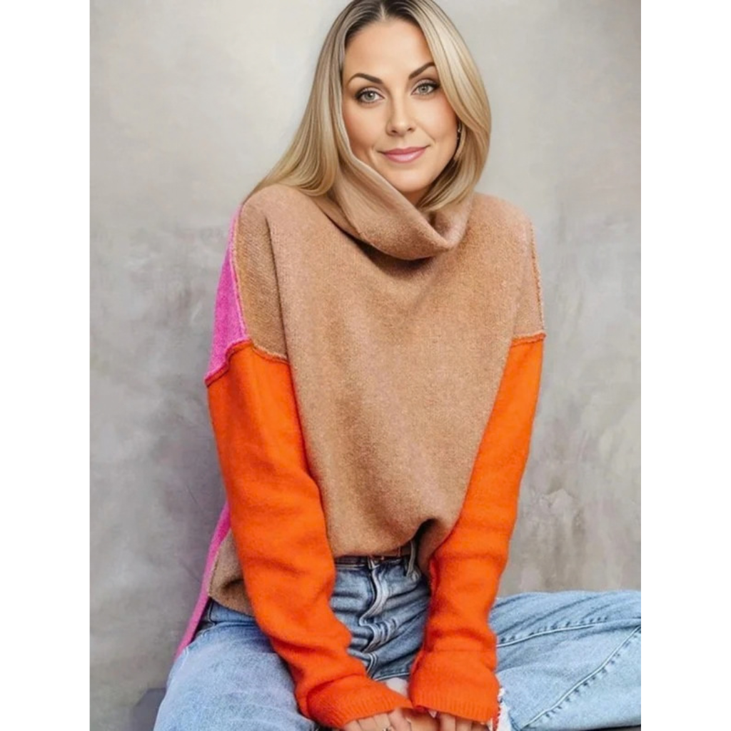 Cosima | Damen Orange Rollkragenpullover im Oversize Stil mit Strick