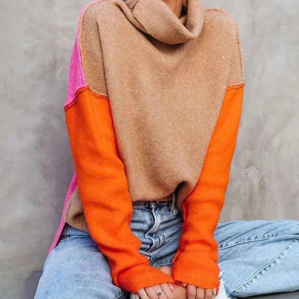 Cosima | Damen Orange Rollkragenpullover im Oversize Stil mit Strick