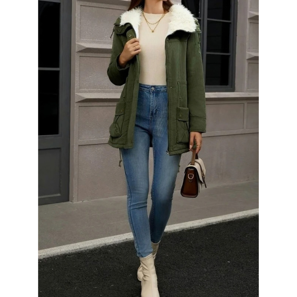 Roswitha | Damen Winterjacke im Parka Stil mit Kapuze, Futter und Kordelzug