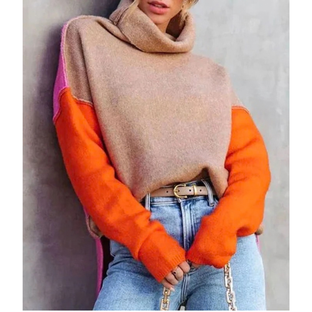 Cosima | Damen Orange Rollkragenpullover im Oversize Stil mit Strick
