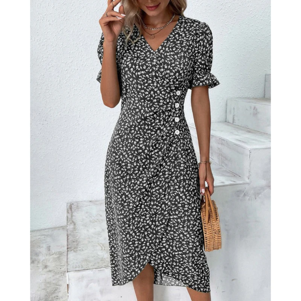 Dagmar | Damen Sommerkleid Wickel Blumen Moderner Stil