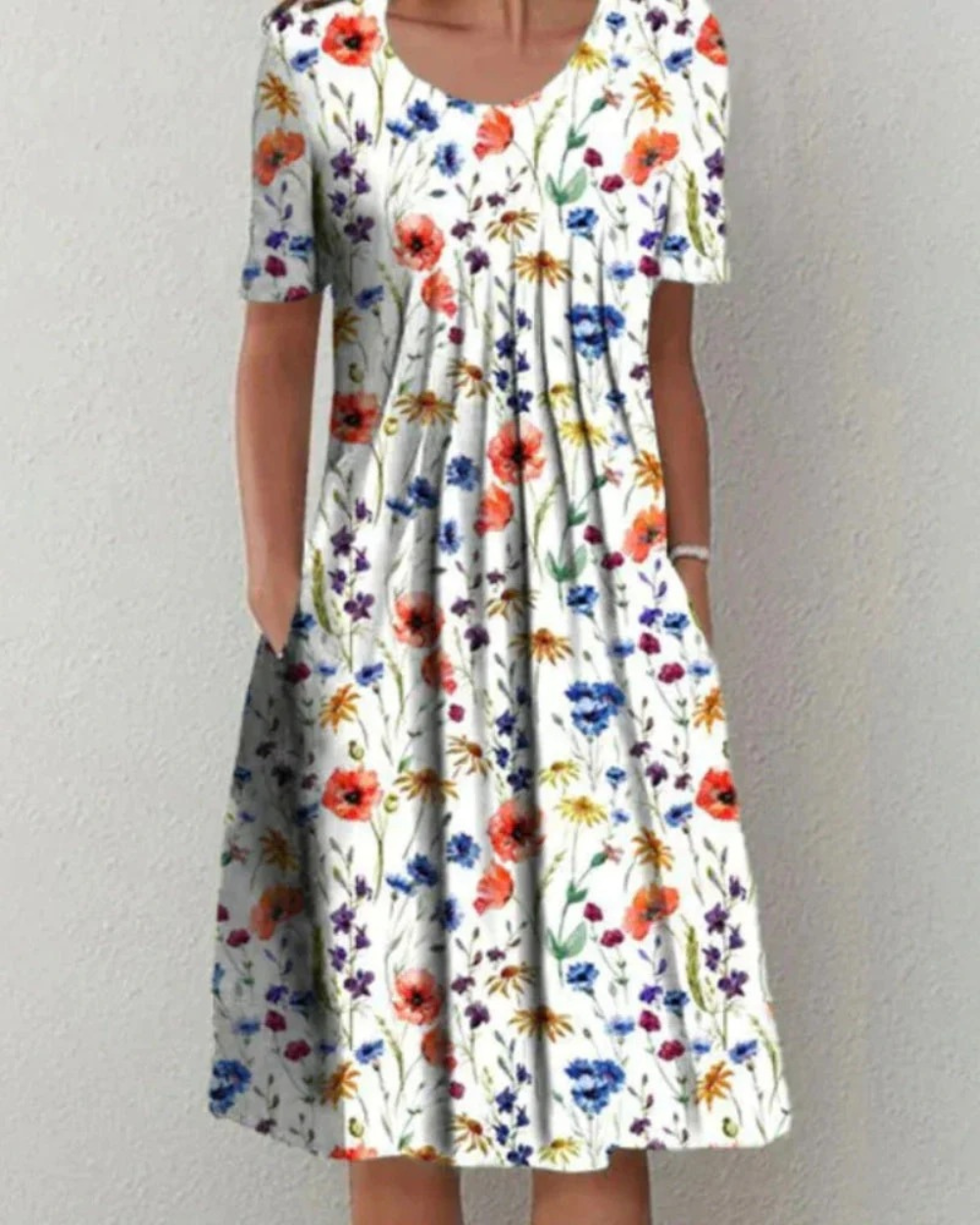 Damen Blumen Sommerkleid Kurzarm mit Taschen | Midi Kleid