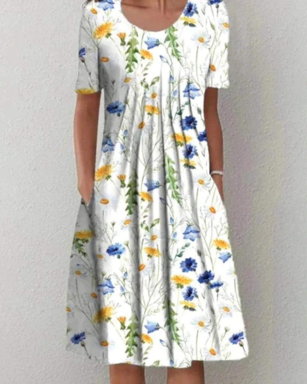 Damen Blumen Sommerkleid Kurzarm mit Taschen | Midi Kleid