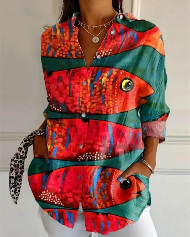 Damen Bluse mit Allover Print | Langarm