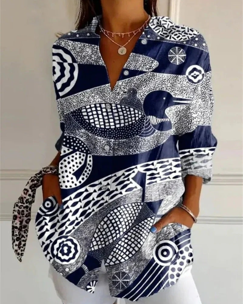 Damen Bluse mit Allover Print | Langarm