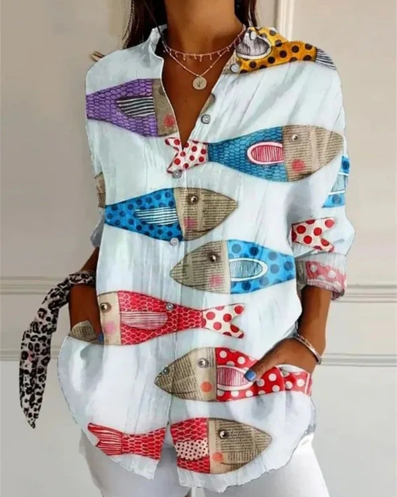 Damen Bluse mit Allover Print | Langarm