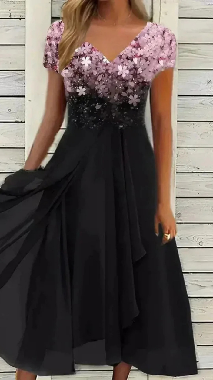 Damen Cocktail Abendkleid Midi mit V-Ausschnitt | Florales Kleid