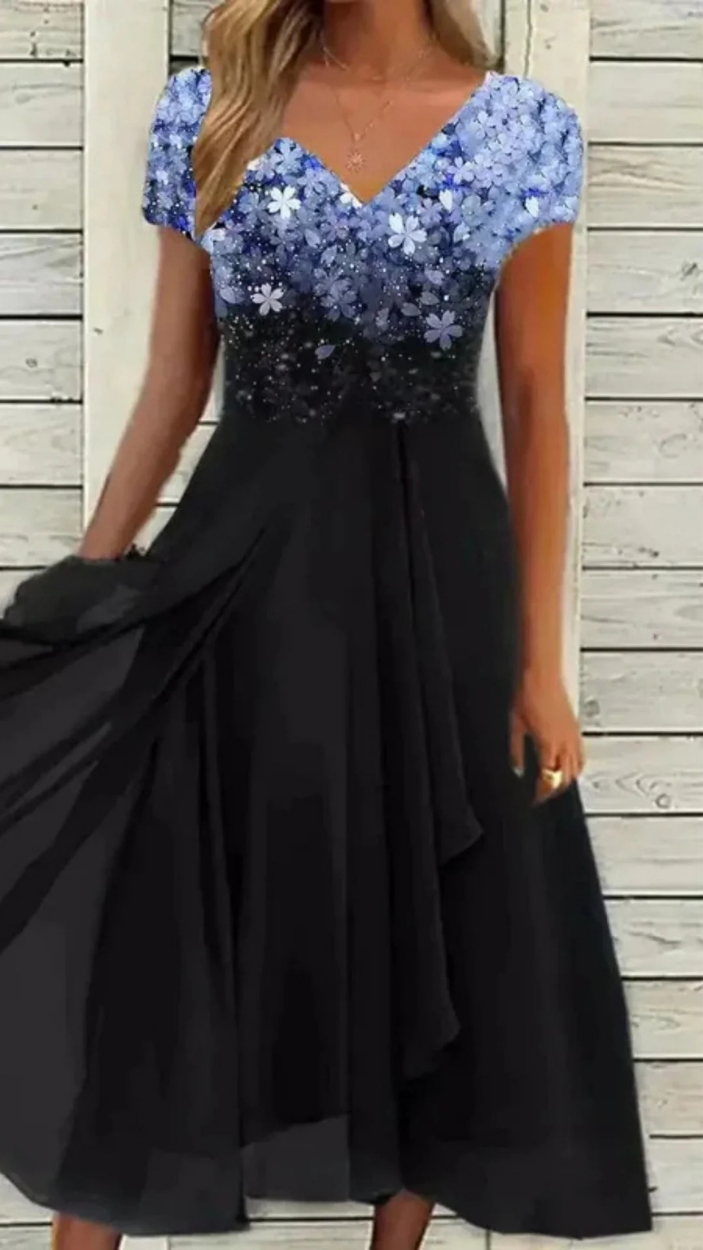 Damen Cocktail Abendkleid Midi mit V-Ausschnitt | Florales Kleid