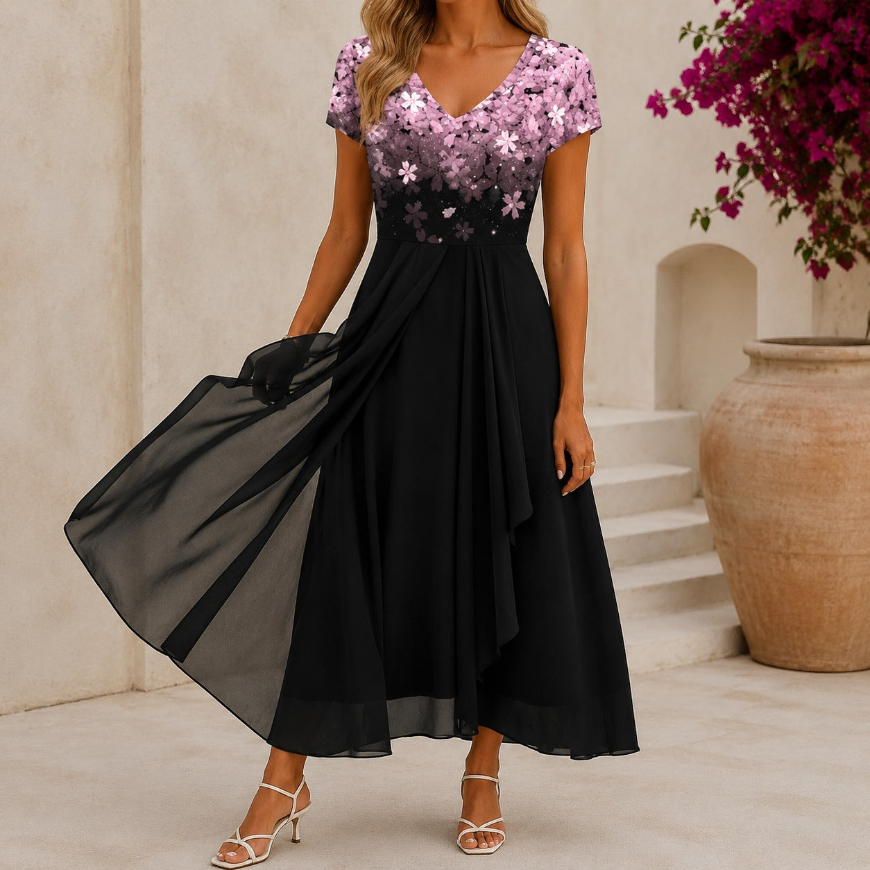 Damen Cocktail Abendkleid Midi mit V-Ausschnitt | Florales Kleid