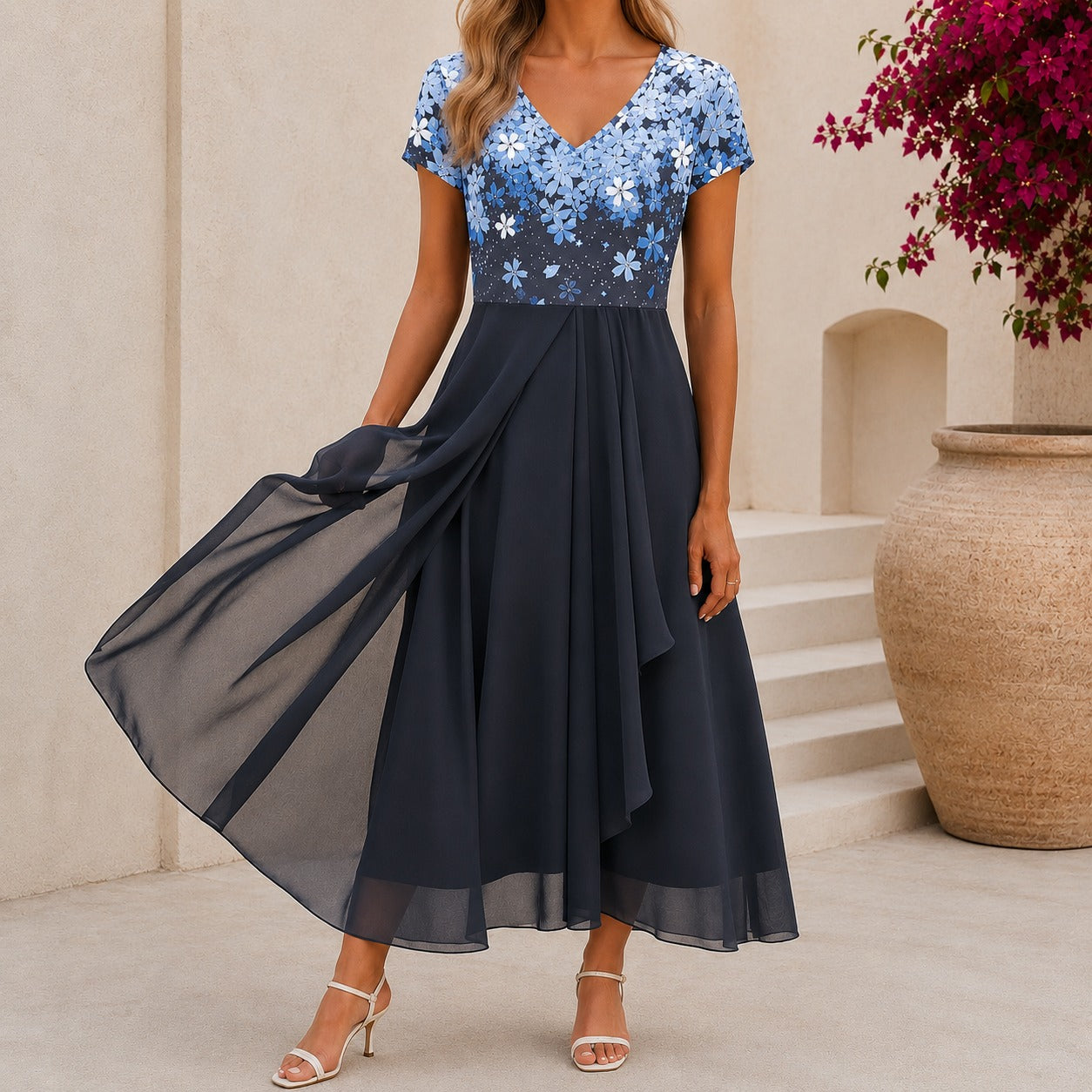 Damen Cocktail Abendkleid Midi mit V-Ausschnitt | Florales Kleid