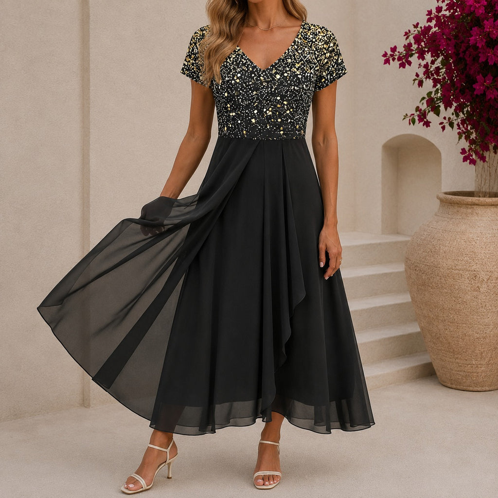 Damen Cocktail Abendkleid Midi mit V-Ausschnitt | Florales Kleid