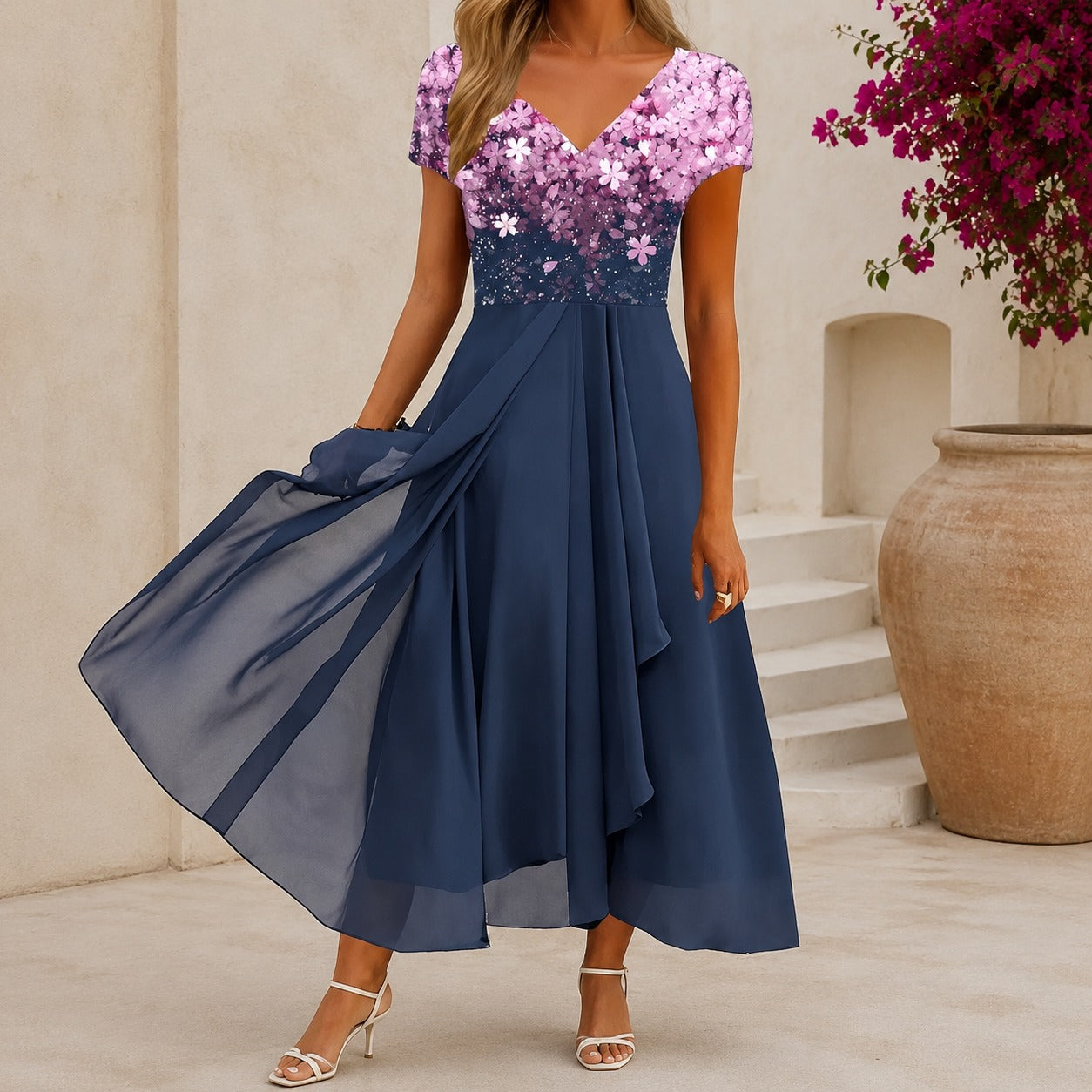 Damen Cocktail Abendkleid Midi mit V-Ausschnitt | Florales Kleid