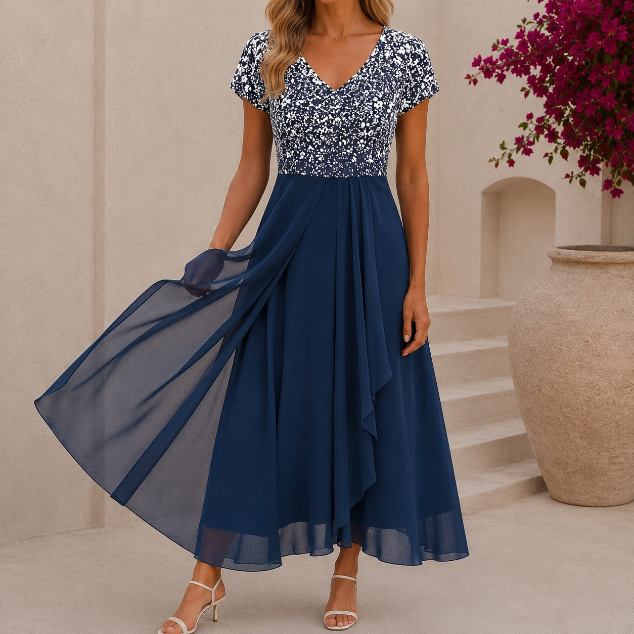 Damen Cocktail Abendkleid Midi mit V-Ausschnitt | Florales Kleid