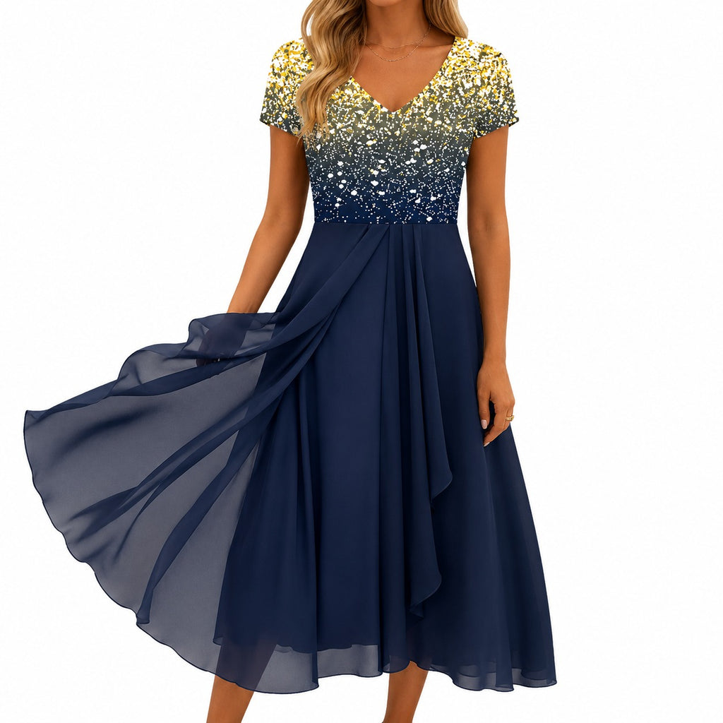 Damen Cocktail Abendkleid Midi mit V-Ausschnitt | Florales Kleid