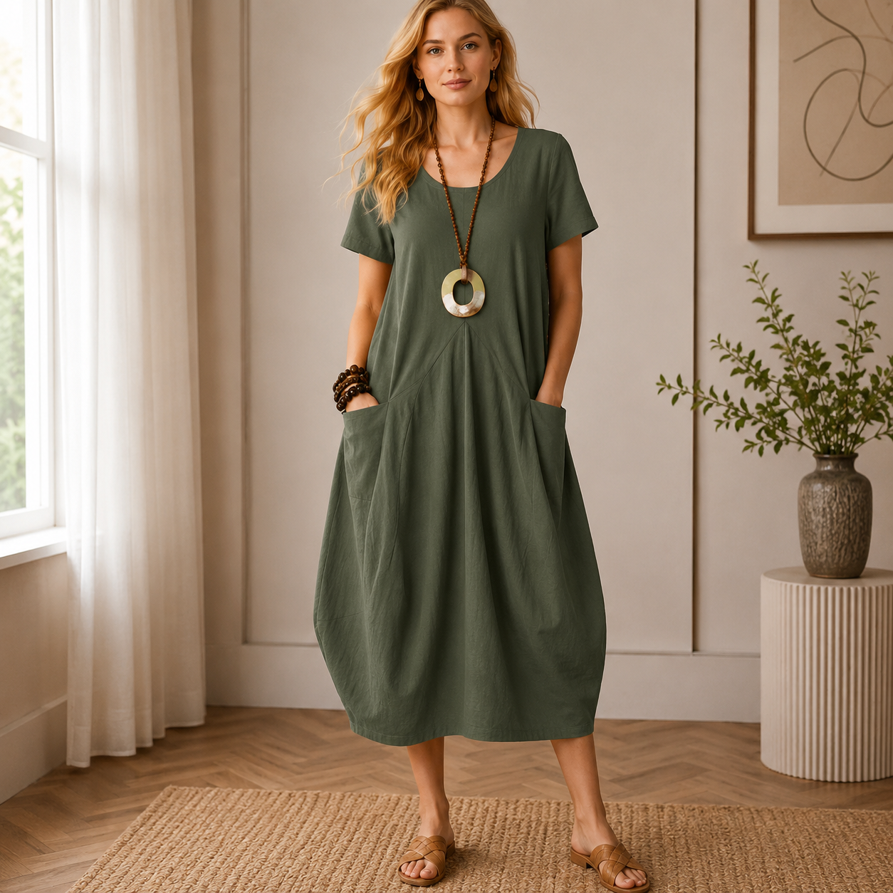 Damen Festliches Sommerkleid mit Taschen | Midi Kleid