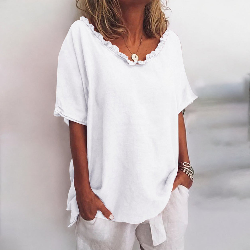 Marie | Damen Lockere Kurzarm-Bluse mit Rüschenkragen Leinenoptik