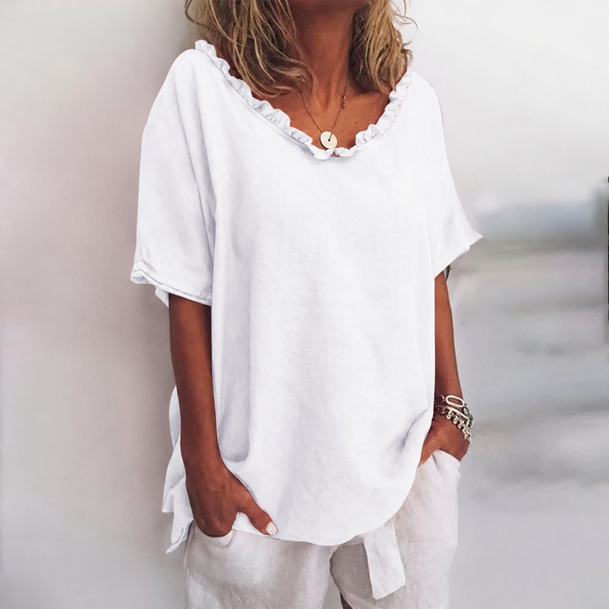 Marie | Damen Lockere Kurzarm-Bluse mit Rüschenkragen Leinenoptik