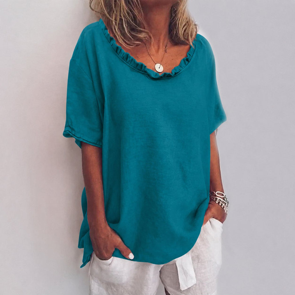 Marie | Damen Lockere Kurzarm-Bluse mit Rüschenkragen Leinenoptik