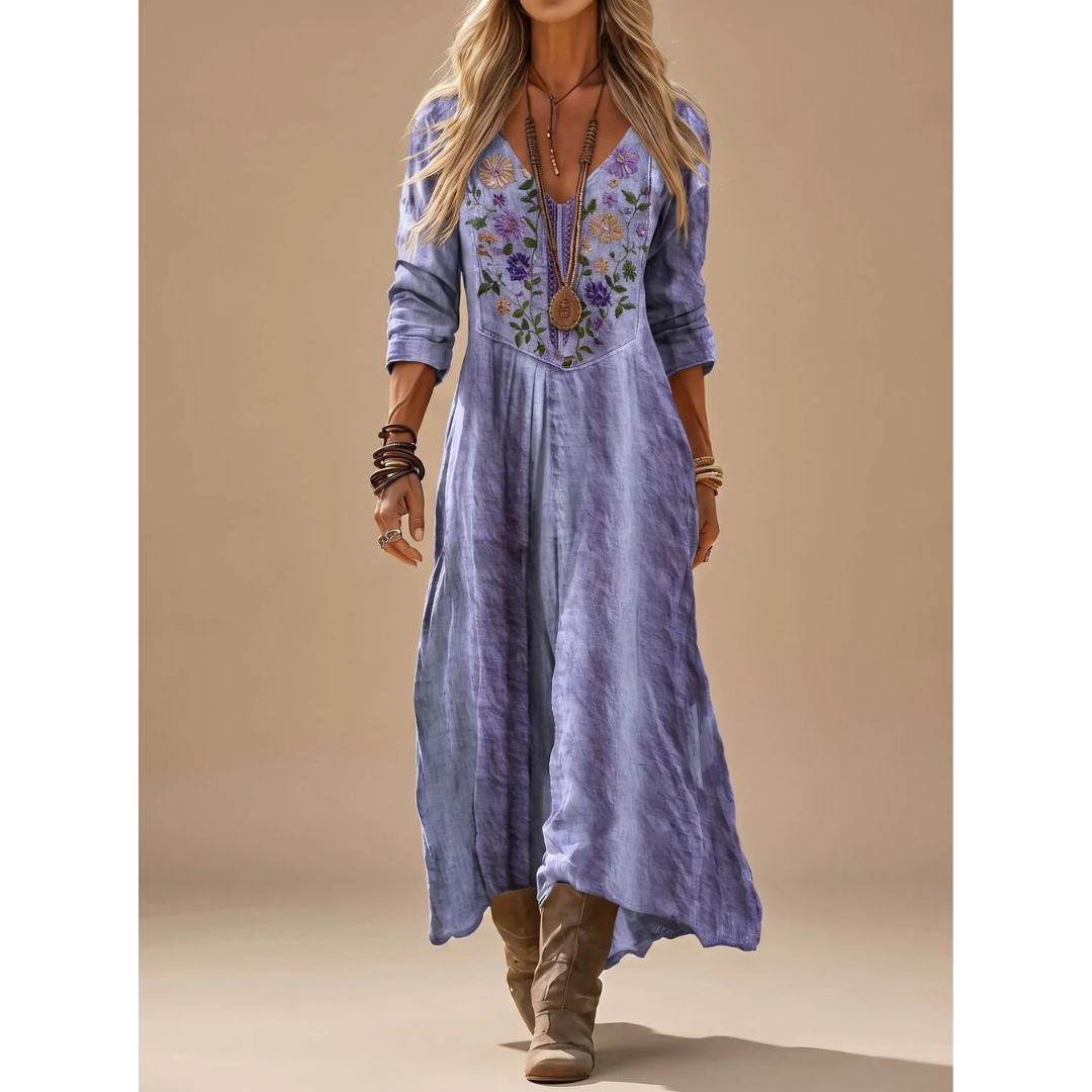 Daphne | Damen Lila Boho Maxikleid mit Langarm, V Ausschnitt und Vintage Stickerei