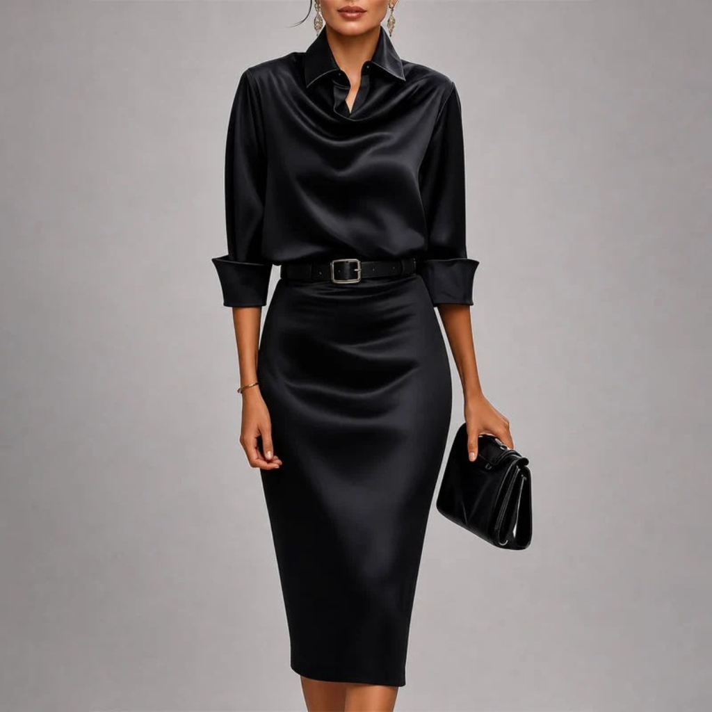 Denise | Damen Abendkleid mit Gürtel und Kragen