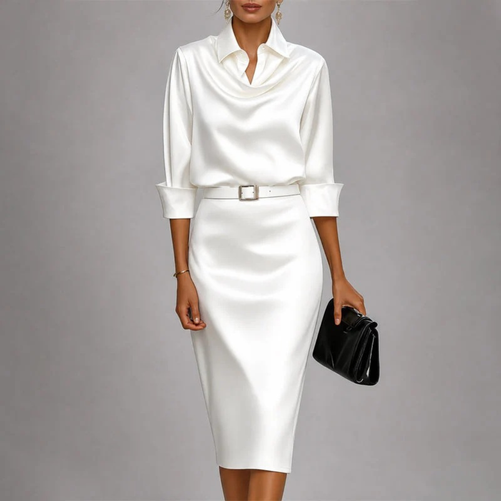 Denise | Damen Abendkleid mit Gürtel und Kragen