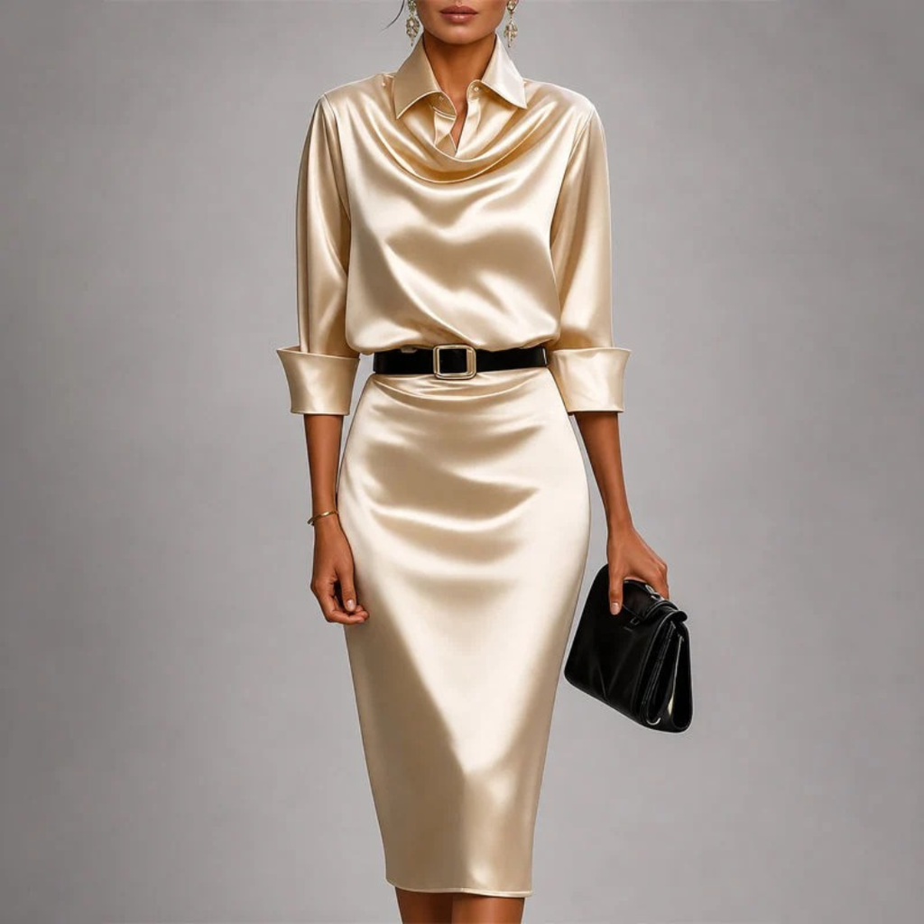 Denise | Damen Abendkleid mit Gürtel und Kragen