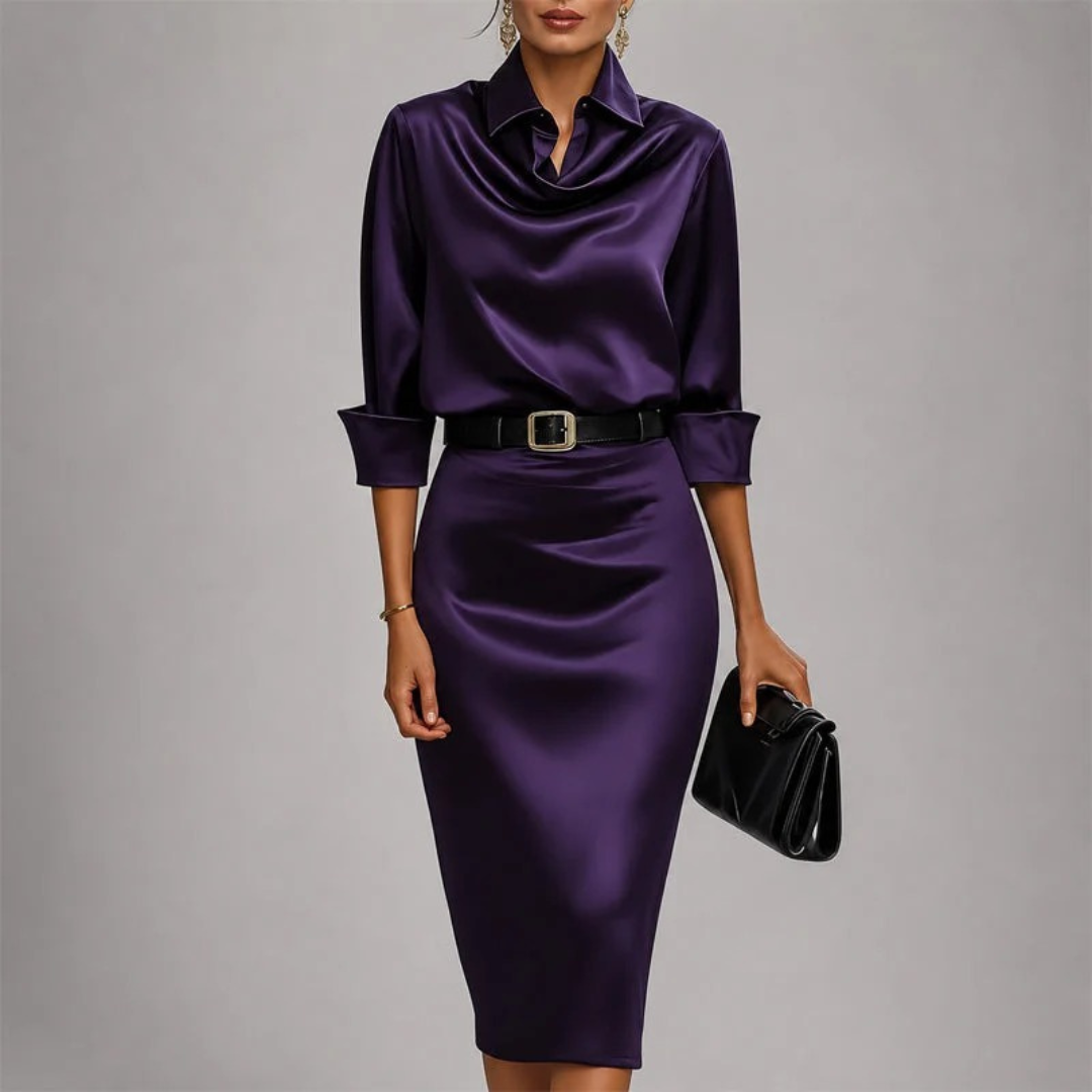 Denise | Damen Abendkleid mit Gürtel und Kragen