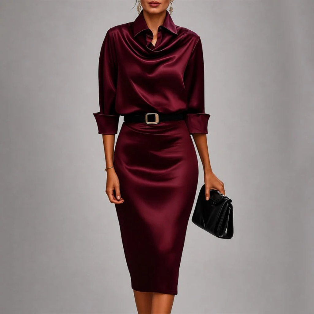 Denise | Damen Abendkleid mit Gürtel und Kragen