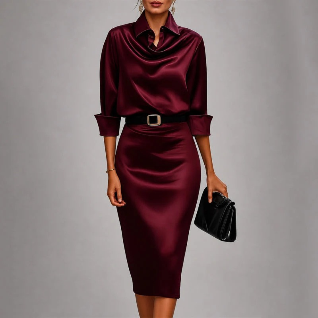 Denise | Damen Abendkleid mit Gürtel und Kragen