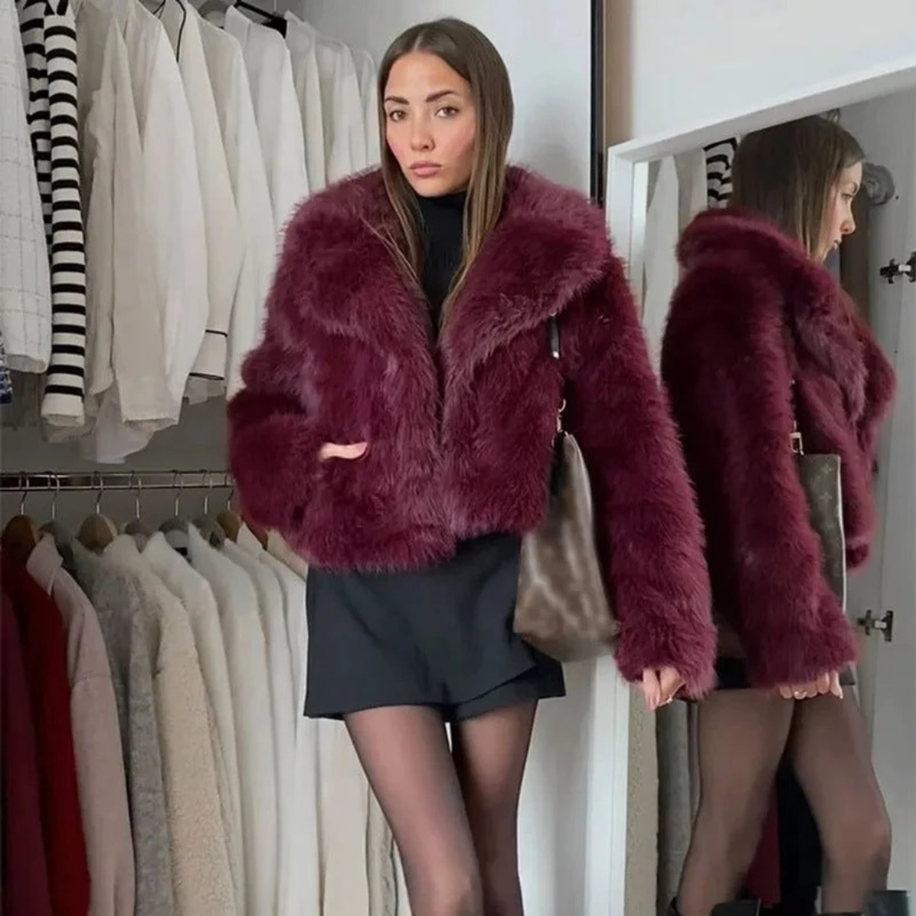 Edeltraud | Damen Winterjacke Rot mit Kunstpelz, Kurzes Flauschige Design